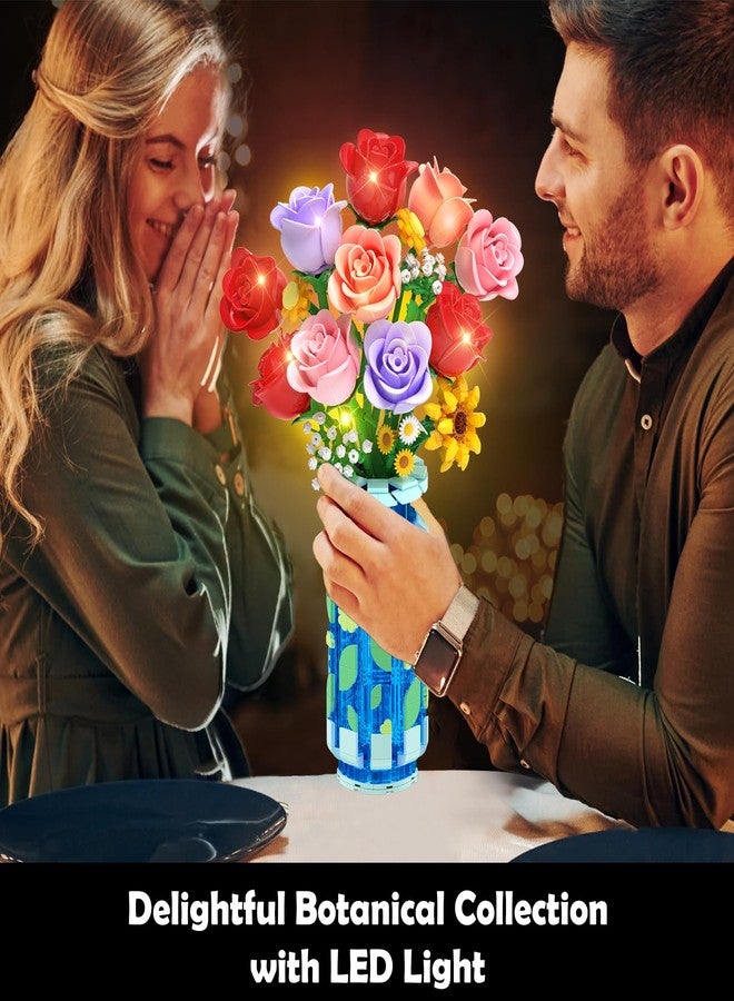 CUBIMANA مجموعة بناء زهور كيوبيمانا مع مزهرية وإضاءة LED، هدايا عيد الحب لها/له، لعبة مكعبات بناء باقة زهور صغيرة مكونة من 16 زهرة، زهور اصطناعية لتزيين المنزل والمكتب وعرضها - Image 2